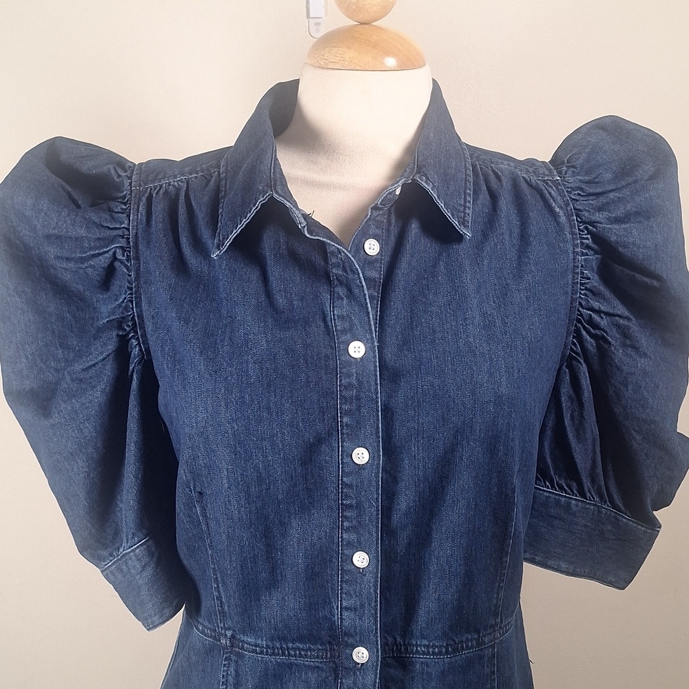 FRAMEGillian Puff-Sleeve Denim Dress Size M NWOT - Picture 5 of 11